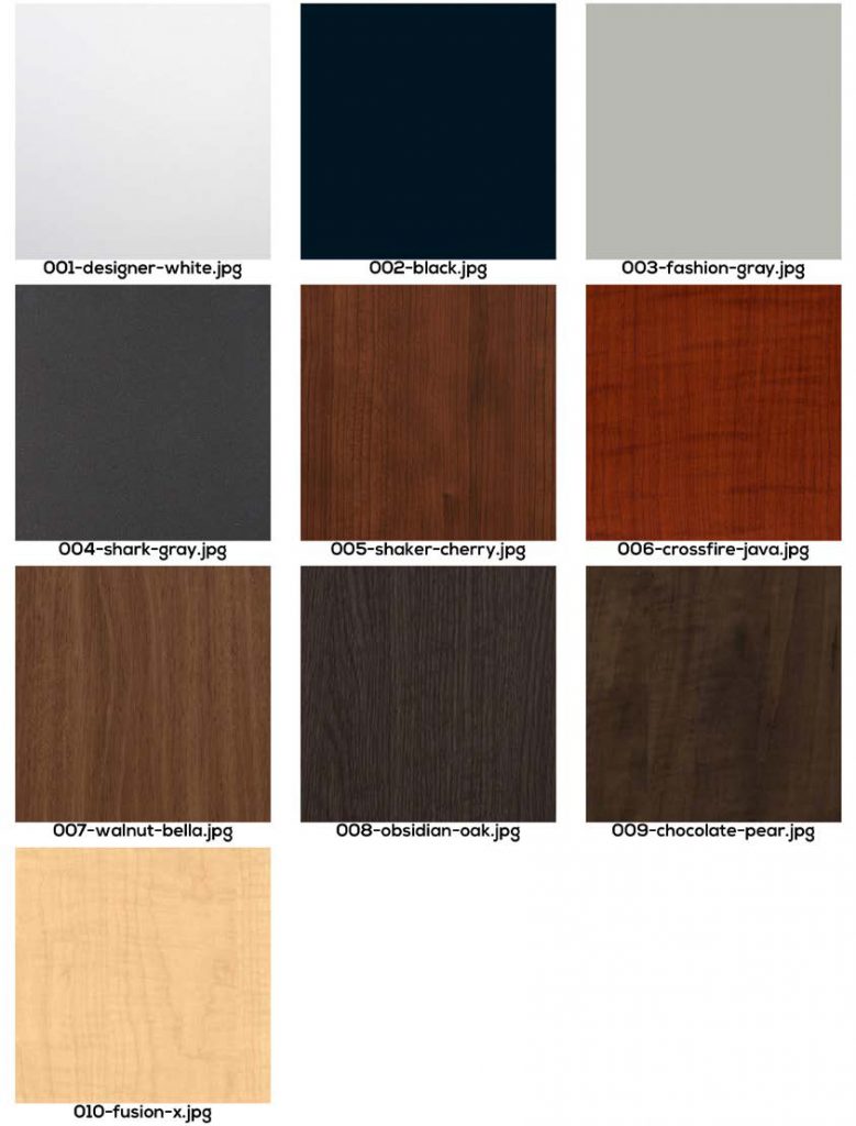 Stock finishes for our vinyl-wrapped ErgoEdge desktops