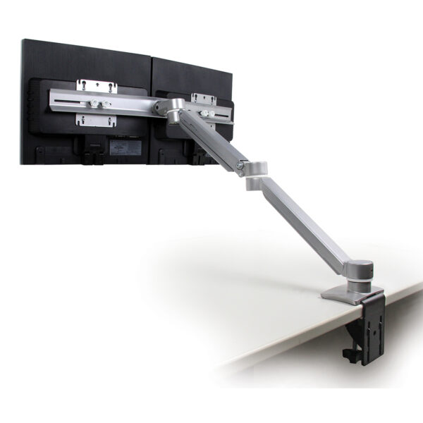 ErgoAdvantage Avia Dual Monitor Arm Color Silver with Monitor, rear side view