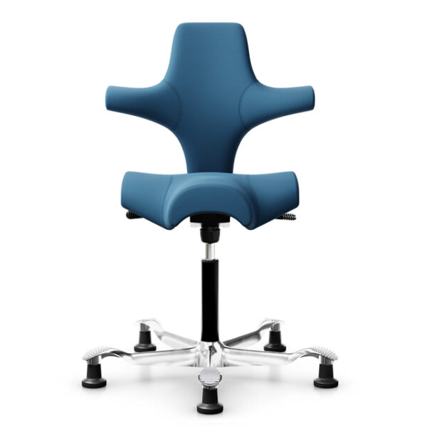 Front view of Capisco ergonomic saddle seat in blue