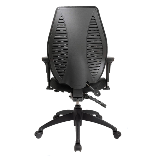 Rear view of airCentric2 ergonomic chair in all black, featuring airflow comfort
