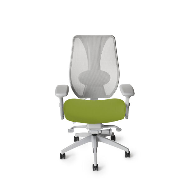 Front view of tCentric Hybrid chair in light gray frame with Green Apple seat