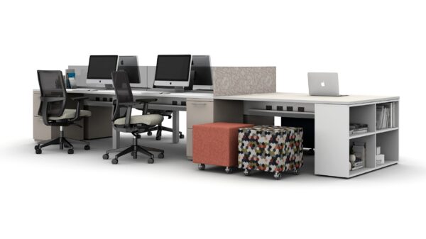 Day-to-Day PowerBeam Four Station Application with 29 inch beam, l series steel storage and Collaborative Space