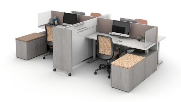 Day-to-Day PowerBeam Four Station Application with 29 inch beam supported by Calibrate Series HAT storage base and Bolton Seating