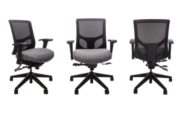 Front, rear, and side views of RFM Evolve task chair from Applied Ergonomics