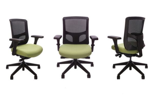 Tri-view of verdant color on RFM Evolve ergonomic office chairs