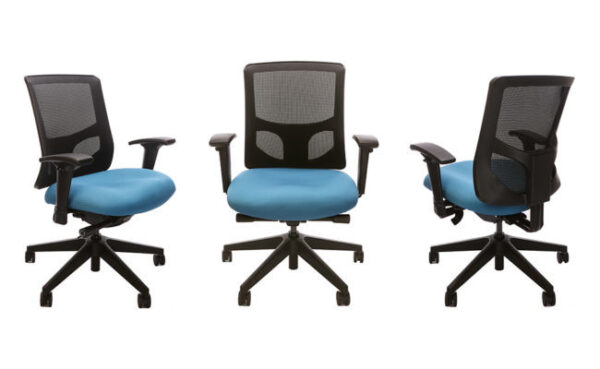 Side, front, and rear view of RFM Evolve office chair with Waterfall upholstery