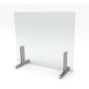 View of clear Worksafe desktop divider to improve office safety and ergonomics