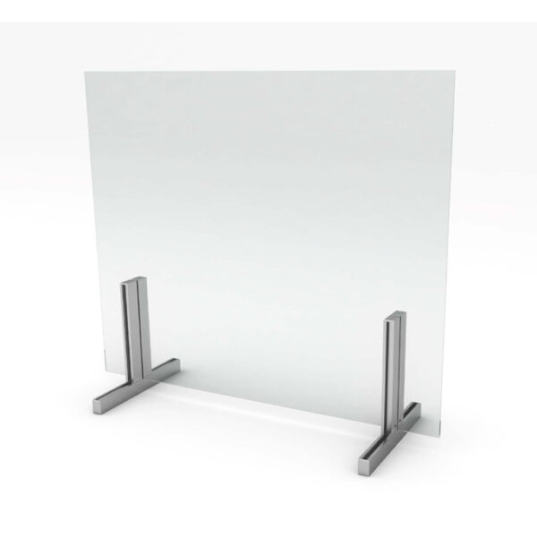 View of clear Worksafe desktop divider to improve office safety and ergonomics