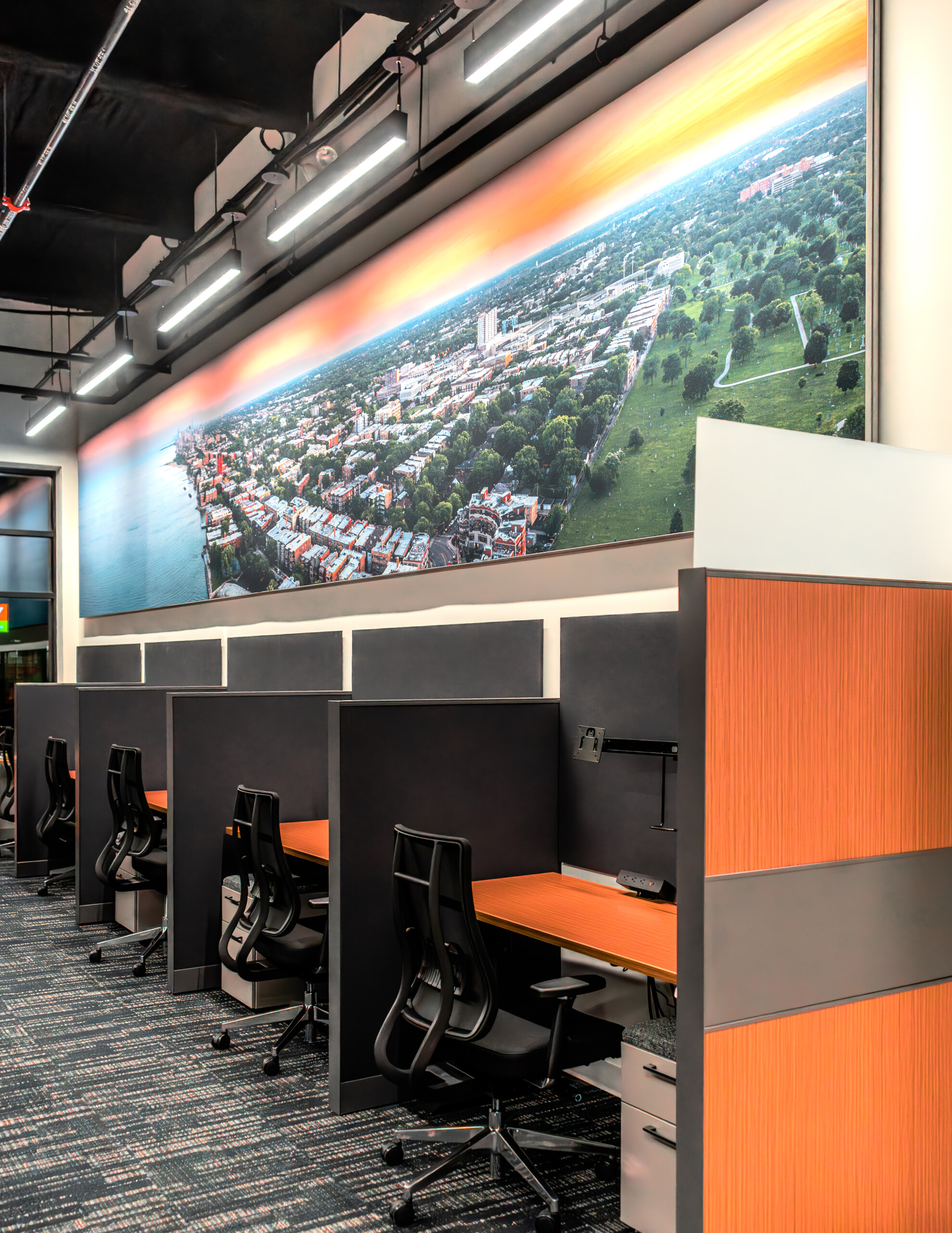 Kimball Narrate & ergoFocus workstations under custom drone photography printed on fabric